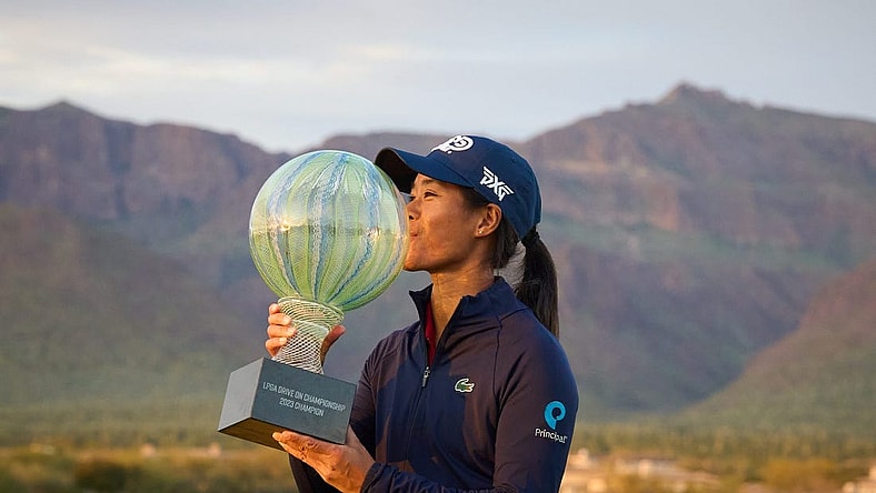 Celine Boutier kisses her trophy to celebrate her win in the LPGA Drive On Championship on the Prospector Course at Superstition Mountain Golf and Country Club in Gold Canyon on March 26, 2023.

Lpga At Superstition Mountain Final Round