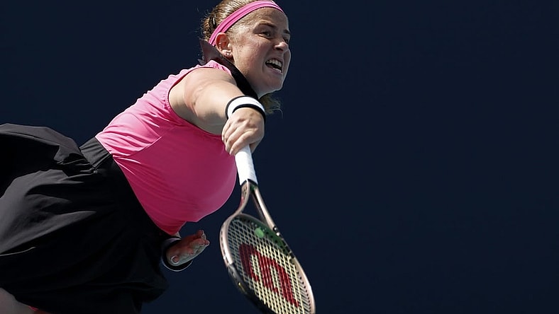 Mar 27, 2023; Miami, Florida, US; Jelena Ostapenko (LAT) serves against Martina Trevisan (ITA) (not pictured) on day eight of the Miami Open at Hard Rock Stadium. Mandatory Credit: Geoff Burke-USA TODAY Sports