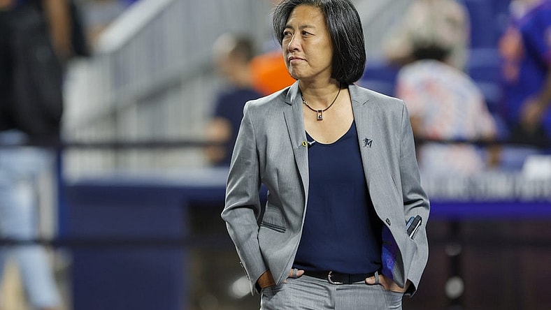 Mar 30, 2023; Miami, Florida, USA; Miami Marlins general manager Kim Ng looks on from the field prior to the game against the New York Mets at loanDepot Park. Mandatory Credit: Sam Navarro-USA TODAY Sports