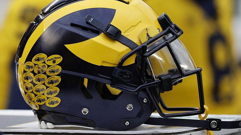 Apr 1, 2023; Ann Arbor, MI, USA;   Michigan Wolverines helmet on the sideline during the Spring Game at Michigan Stadium. Mandatory Credit: Rick Osentoski-USA TODAY Sports