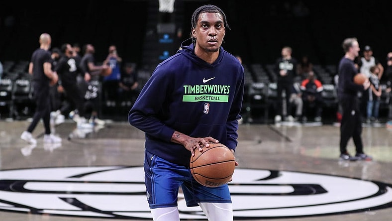 Apr 4, 2023; Brooklyn, New York, USA;  Minnesota Timberwolves forward Jaden McDaniels (3) warms up prior to the game against the Brooklyn Nets at Barclays Center. Mandatory Credit: Wendell Cruz-USA TODAY Sports