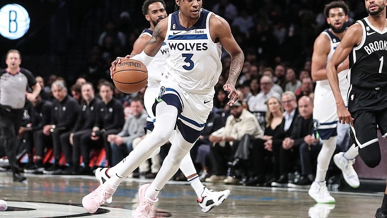 Apr 4, 2023; Brooklyn, New York, USA;  Minnesota Timberwolves forward Jaden McDaniels (3) drives to the basket in the first quarter against the Brooklyn Nets at Barclays Center. Mandatory Credit: Wendell Cruz-USA TODAY Sports