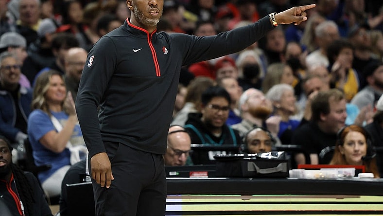Apr 9, 2023; Portland, Oregon, USA; Portland Trail Blazers head coach Chauncey Billups gives direction to his team during the first half against the Golden State Warriors at Moda Center. Mandatory Credit: Soobum Im-USA TODAY Sports