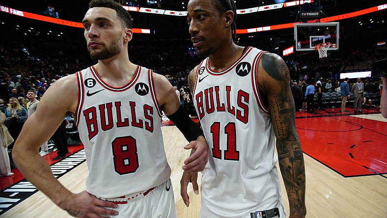 Apr 12, 2023; Toronto, Ontario, CAN; Chicago Bulls guard Zach LaVine (8) and forward DeMar DeRozan (11) come off the court after a win over the Toronto Raptors in NBA Play-In game 3 at Scotiabank Arena. Mandatory Credit: John E. Sokolowski-USA TODAY Sports