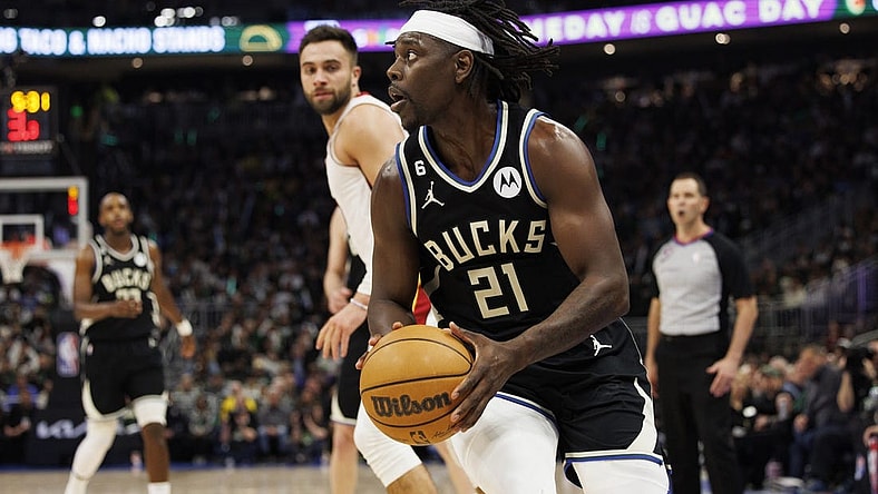 Apr 19, 2023; Milwaukee, Wisconsin, USA; Milwaukee Bucks guard Jrue Holiday (21) looks to shoot during the third quarter against the Miami Heat during game two of the 2023 NBA Playoffs at Fiserv Forum. Mandatory Credit: Jeff Hanisch-USA TODAY Sports