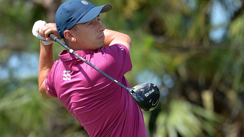 Vince India of Chicago, IL, tees off on the par five, tenth hole at Lakewood National Golf Club on Thursday, April 20, 2023 during the first round of the Korn Ferry Tour's LECOM Suncoast Classic golf tournament.

Sar Lecom Golf 014