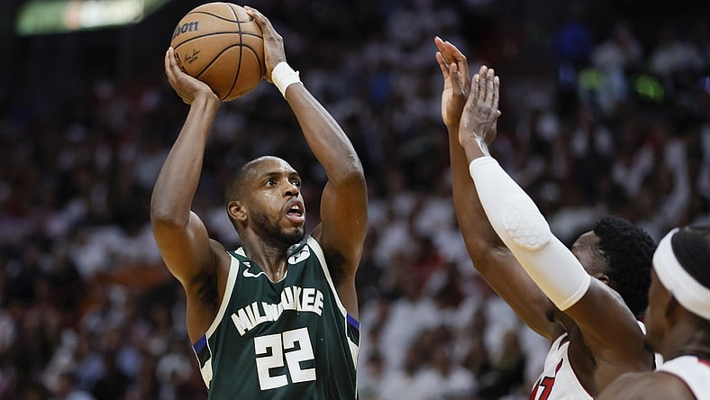 Apr 22, 2023; Miami, Florida, USA; Milwaukee Bucks forward Khris Middleton (22) shoots the basketball in the second quarter against the Miami Heat during game three of the 2023 NBA Playoffs at Kaseya Center. Mandatory Credit: Sam Navarro-USA TODAY Sports