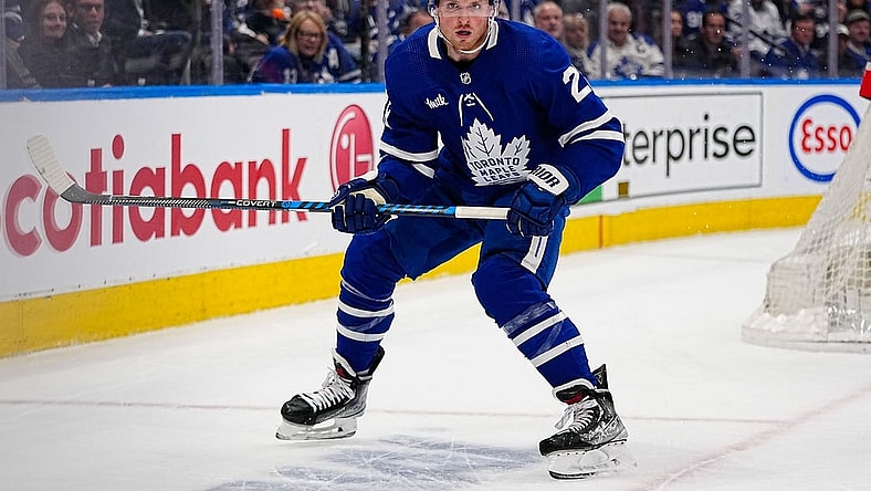 May 4, 2023; Toronto, Ontario, CANADA; Toronto Maple Leafs forward Sam Lafferty (28) looks for the puck against the Florida Panthers during game two of the second round of the 2023 Stanley Cup Playoffs at Scotiabank Arena. Mandatory Credit: John E. Sokolowski-USA TODAY Sports