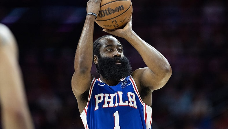 May 11, 2023; Philadelphia, Pennsylvania, USA; Philadelphia 76ers guard James Harden (1) shoots against the Boston Celtics during the first quarter in game six of the 2023 NBA playoffs at Wells Fargo Center. Mandatory Credit: Bill Streicher-USA TODAY Sports