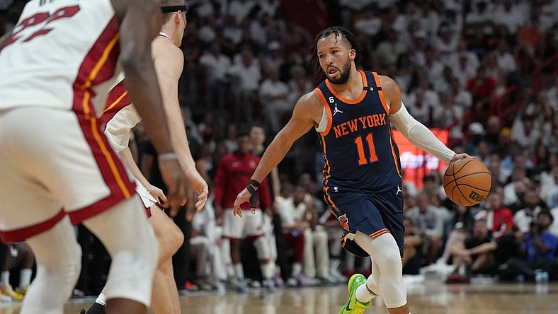 May 12, 2023; Miami, Florida, USA; New York Knicks guard Jalen Brunson (11) in the first half during game six of the 2023 NBA playoffs against the Miami Heat at Kaseya Center. Mandatory Credit: Jim Rassol-USA TODAY Sports