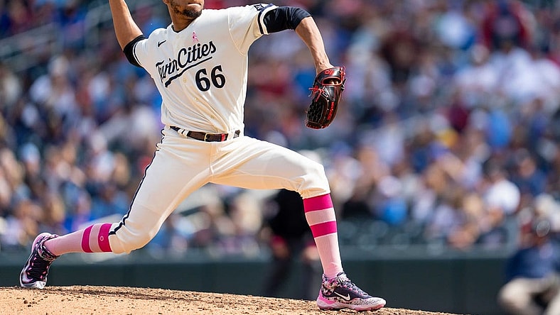 May 14, 2023; Minneapolis, Minnesota, USA; Minnesota Twins relief pitcher Jorge Alcala (66) closes the game in the ninth against the Chicago Cubs at Target Field. Mandatory Credit: Matt Blewett-USA TODAY Sports