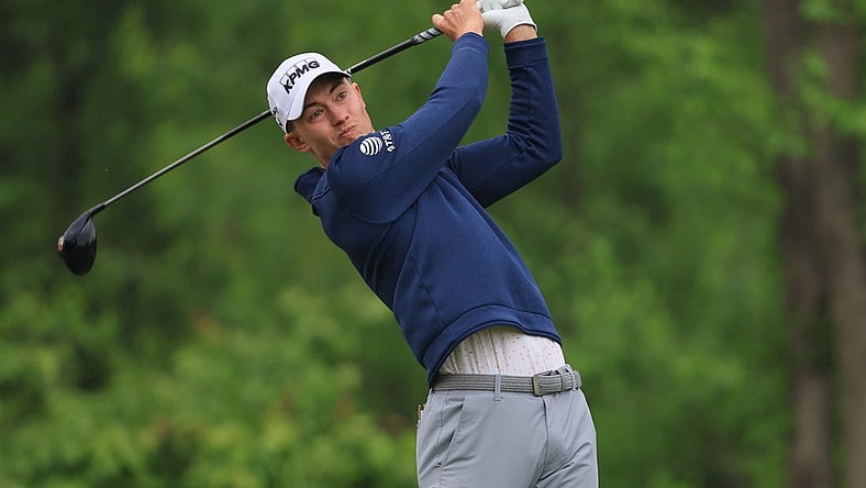 May 19, 2023; Rochester, New York, USA; Maverick McNealy hits a tee shot on the fourth hole during the second round of the PGA Championship golf tournament. Mandatory Credit: Aaron Doster-USA TODAY Sports
