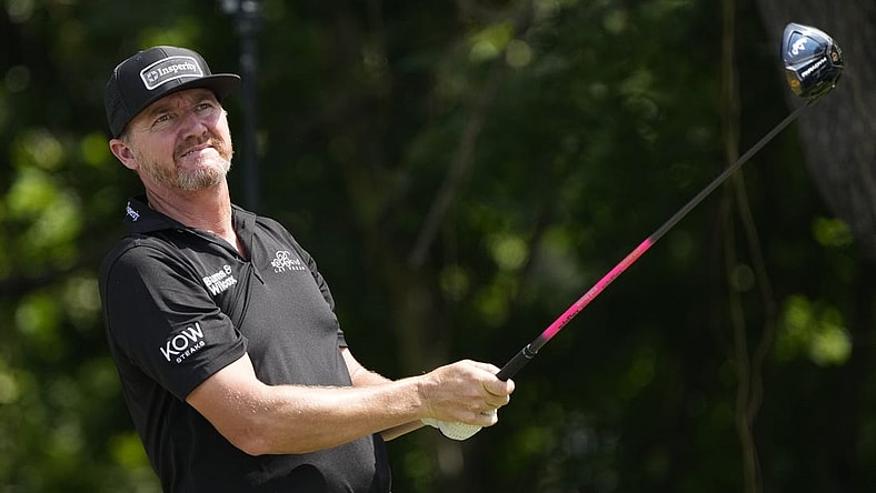May 26, 2023; Fort Worth, Texas, USA; Jimmy Walker watches his shot from the sixth tee during the second round of the Charles Schwab Challenge golf tournament. Mandatory Credit: Jim Cowsert-USA TODAY Sports