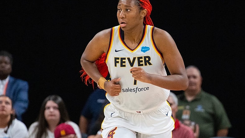 Jun 4, 2023; Indianapolis, Indiana, USA; Indiana Fever center Aliyah Boston (7) in the second half against the Las Vegas Aces at Gainbridge Fieldhouse. Mandatory Credit: Trevor Ruszkowski-USA TODAY Sports