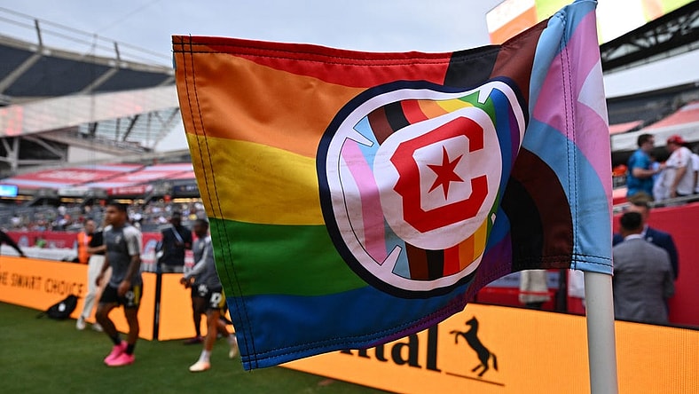 June 10, 2023; Chicago, Illinois, USA; General view of a Pride themed corner flag before the match between the Columbus Crew and Chicago Fire at Soldier Field. Mandatory Credit: Jamie Sabau-USA TODAY Sports