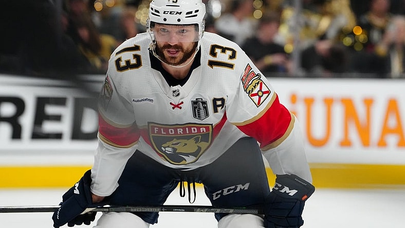 Jun 13, 2023; Las Vegas, Nevada, USA; Florida Panthers forward Sam Reinhart (13) awaits the faceoff against the Vegas Golden Knights during the third period in game five of the 2023 Stanley Cup Final at T-Mobile Arena. Mandatory Credit: Stephen R. Sylvanie-USA TODAY Sports