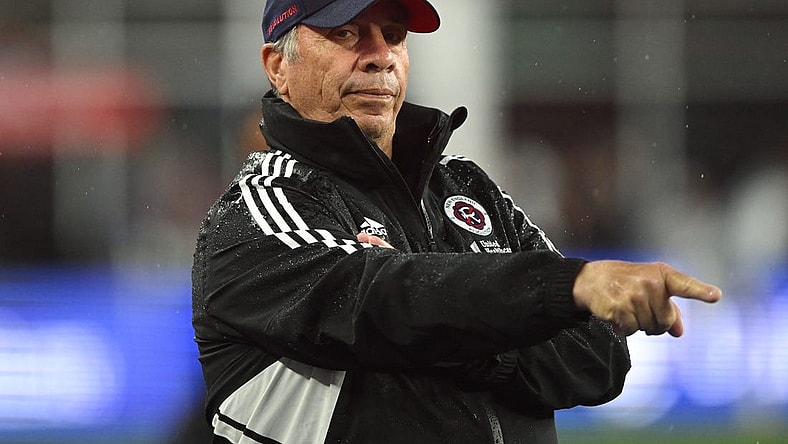 Jun 17, 2023; Foxborough, Massachusetts, USA; New England Revolution coach Bruce Arena signals a play the Orlando City during the first half of a match at Gillette Stadium. Mandatory Credit: Brian Fluharty-USA TODAY Sports