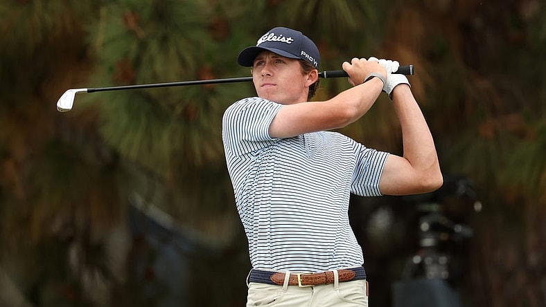 Jun 18, 2023; Los Angeles, California, USA; Gordon Sargent hits a tee shot on the 11th hole during the final round of the U.S. Open golf tournament at Los Angeles Country Club. Mandatory Credit: Kiyoshi Mio-USA TODAY Sports