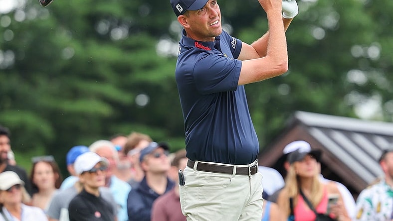 Jun 24, 2023; Cromwell, Connecticut, USA; Chesson Hadley plays his shot from the first tee during the third round of the Travelers Championship golf tournament. Mandatory Credit: Vincent Carchietta-USA TODAY Sports