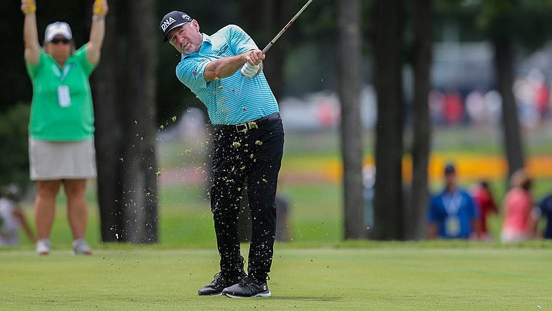 Rod Pampling hits his tee shot on the 7th hole during the third round of the 2023 U.S. Senior Open on Saturday, July 1, 2023, at SentryWorld in Stevens Point, Wis. Pampling fell to a tie for 20th place after shooting a round of 77 on Saturday.
Tork Mason/USA TODAY NETWORK-Wisconsin