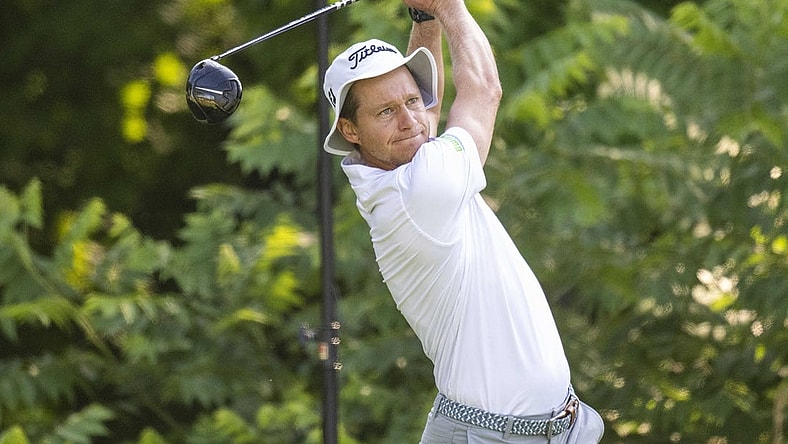 Jul 6, 2023; Silvis, Illinois, USA; Peter Malnati hits his tee shot on the second hole during the first round of the John Deere Classic golf tournament. Mandatory Credit: Marc Lebryk-USA TODAY Sports