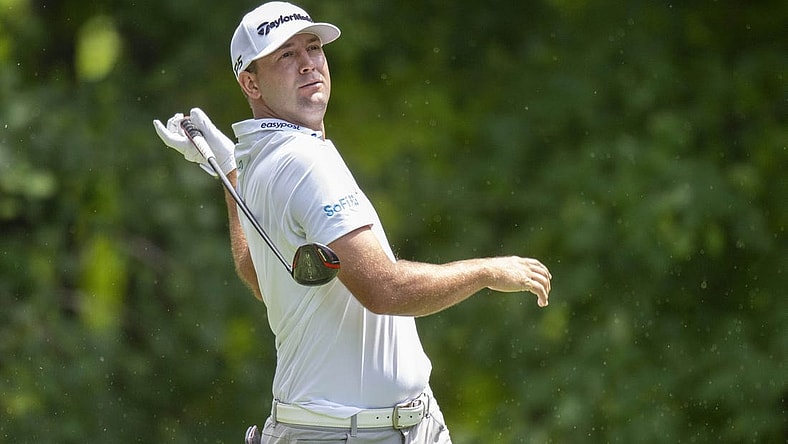 Jul 6, 2023; Silvis, Illinois, USA;  Taylor Montgomery hits his tee shot on the 6th hole during the first round of the John Deere Classic golf tournament. Mandatory Credit: Marc Lebryk-USA TODAY Sports