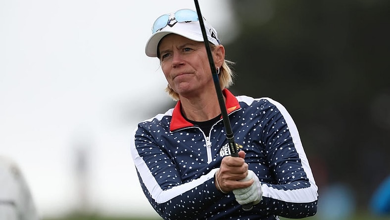 Jul 7, 2023; Pebble Beach, California, USA; Annika Sorenstam tees off on the tenth hole during the second round of the U.S. Women's Open golf tournament at Pebble Beach Golf Link. Mandatory Credit: Kiyoshi Mio-USA TODAY Sports