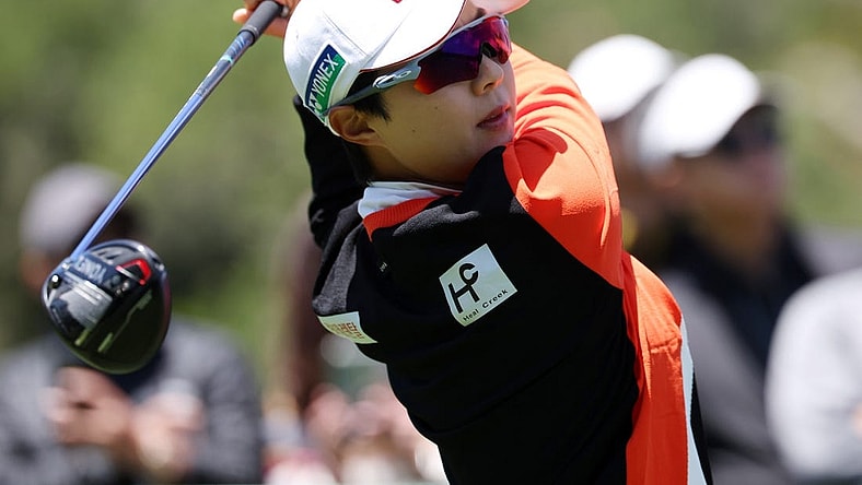 Jul 8, 2023; Pebble Beach, California, USA; Hyo Joo Kim tees off on the second hole during the third round of the U.S. Women's Open golf tournament at Pebble Beach Golf Link. Mandatory Credit: Kiyoshi Mio-USA TODAY Sports