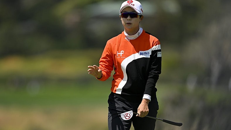 Jul 8, 2023; Pebble Beach, California, USA; Hyo Joo Kim reacts after her putt on the fifth hole during the third round of the U.S. Women's Open golf tournament at Pebble Beach Golf Links. Mandatory Credit: Kelvin Kuo-USA TODAY Sports