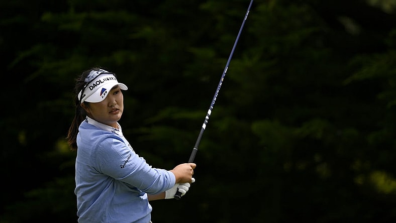 Jul 9, 2023; Pebble Beach, California, USA; Hae Ran Ryu tees off on the third hole during the final round of the U.S. Women's Open golf tournament at Pebble Beach Golf Links. Mandatory Credit: Kelvin Kuo-USA TODAY Sports