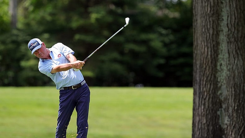 Harrison Frazar sends his tee shot down to the No. 7 green during the second round of the 2023 Kaulig Companies Championship at Firestone Country Club, Friday, July 14, 2023, in Akron, Ohio.