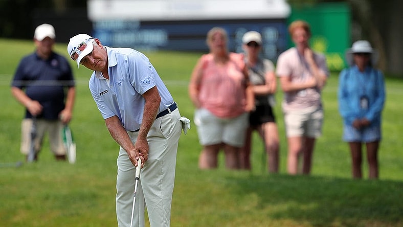 Scott Parel putts on the No. 7 green during the final round of the 2023 Kaulig Companies Championship at Firestone Country Club, Sunday, July 16, 2023, in Akron, Ohio.