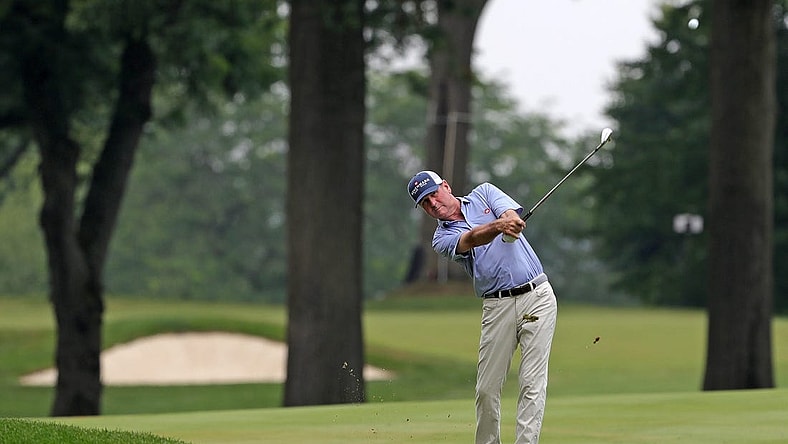 Harrison Frazar takes his second shot on hole No. 14 during the final round of the 2023 Kaulig Companies Championship at Firestone Country Club, Sunday, July 16, 2023, in Akron, Ohio.