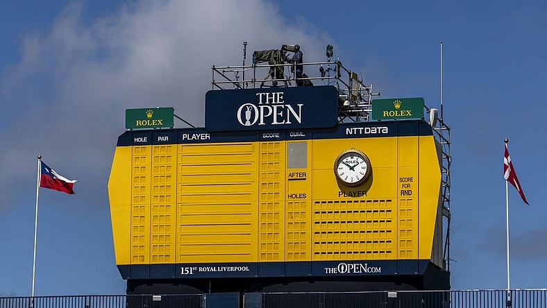 July 19, 2023; Hoylake, ENGLAND, GBR; General view of the leaderboard on the 18th grandstand during a practice round of The Open Championship golf tournament at Royal Liverpool. Mandatory Credit: Kyle Terada-USA TODAY Sports