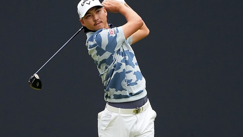 Jul 22, 2023; Hoylake, ENGLAND, GBR; Min Woo Lee tees off on the first hole during the third round of The Open Championship golf tournament at Royal Liverpool. Mandatory Credit: Kyle Terada-USA TODAY Sports
