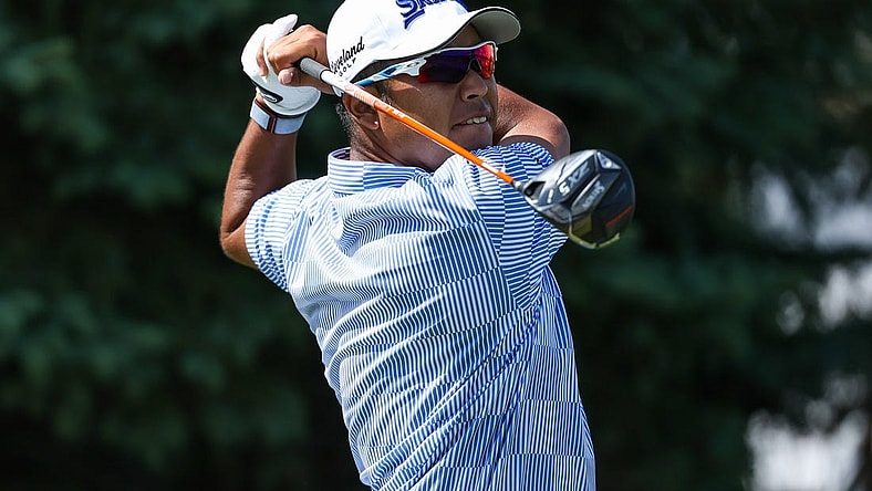 Jul 29, 2023; Blaine, Minnesota, USA; Hideki Matsuyama hits his tee shot on the second hole during the third round of the 3M Open golf tournament. Mandatory Credit: Matt Krohn-USA TODAY Sports