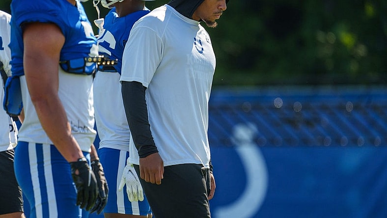 Indianapolis Colts running back Jonathan Taylor (28) stands near other running backs during drills Monday, July 31, 2023, during training camp at the Grand Park Sports Campus in Westfield, Indiana.