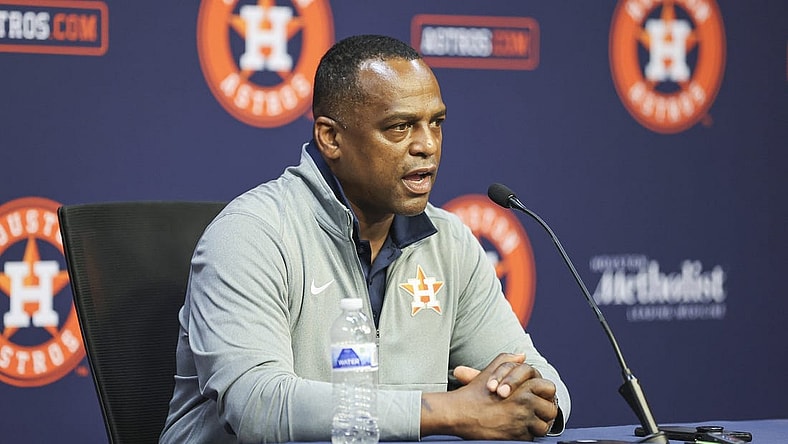 Aug 1, 2023; Houston, Texas, USA; Houston Astros general manager Dana Brown speaks with media before the game against the Cleveland Guardians at Minute Maid Park. Mandatory Credit: Troy Taormina-USA TODAY Sports