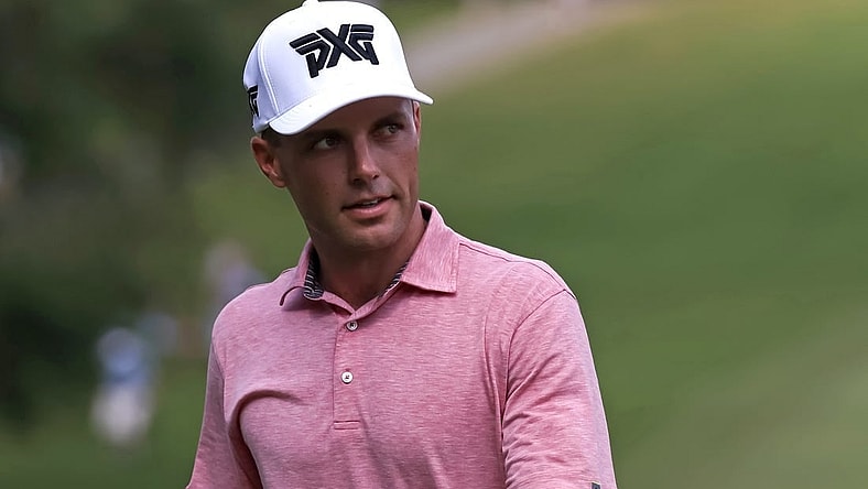 Aug 5, 2023; Greensboro, North Carolina, USA; Eric Cole on the 18th green during the third round of the Wyndham Championship golf tournament. Mandatory Credit: David Yeazell-USA TODAY Sports
