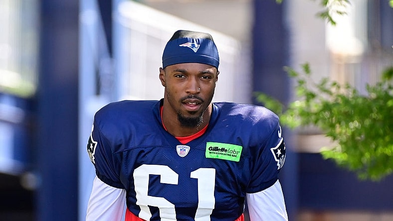 Aug 2, 2023; Foxborough, MA, USA; New England Patriots cornerback Ameer Speed (61) heads to the practice fields at Gillette Stadium. Mandatory Credit: Eric Canha-USA TODAY Sports