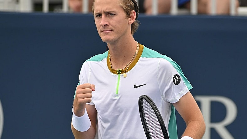 Aug 8, 2023; Toronto, Ontario, Canada;   Sebastian Korda (USA) reacts after winning a point against Tomas Martin Etcheverry (ARG)  (not pictured) in second round play at Sobeys Stadium. Mandatory Credit: Dan Hamilton-USA TODAY Sports
