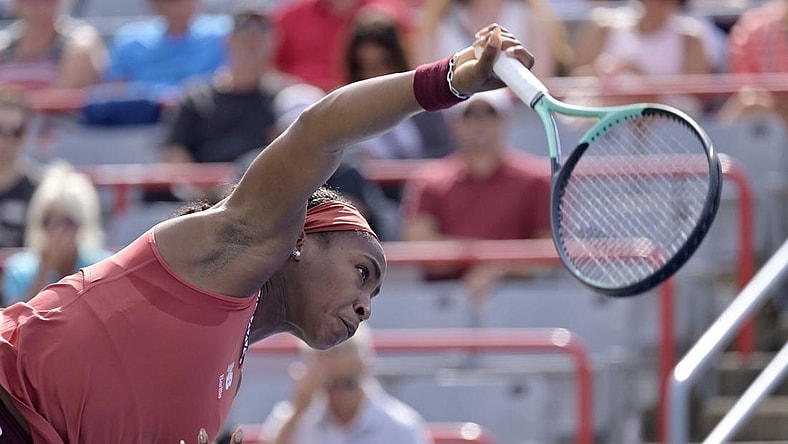 Aug 11, 2023; Montreal, Quebec, Canada; Coco Gauff (USA) serves against Jessica Pegula (USA) (not pictured) during quarterfinal play at IGA Stadium. Mandatory Credit: Eric Bolte-USA TODAY Sports