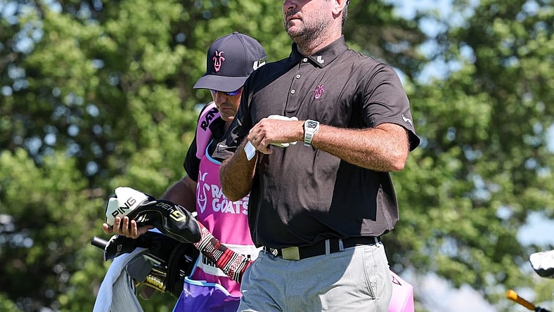 Aug 13, 2023; Bedminster, New Jersey, USA; Bubba Watson walks off the tee box after playing his shot from the tenth tee during the final round of the LIV Golf Bedminster golf tournament at Trump National Bedminster. Mandatory Credit: Vincent Carchietta-USA TODAY Sports