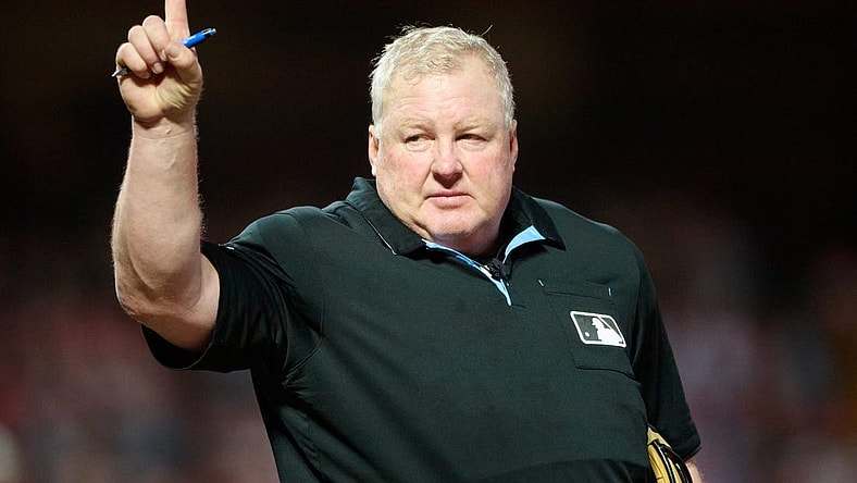 Aug 14, 2023; San Francisco, California, USA; Home plate umpire Bill Miller (26) gestures before the start of the sixth inning between the San Francisco Giants and the Tampa Bay Rays at Oracle Park. Mandatory Credit: Robert Edwards-USA TODAY Sports