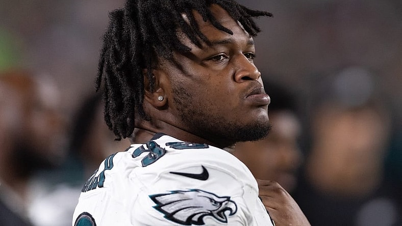 Aug 17, 2023; Philadelphia, Pennsylvania, USA; Philadelphia Eagles defensive tackle Jalen Carter (98) looks on during a game against the Cleveland Browns at Lincoln Financial Field. Mandatory Credit: Bill Streicher-USA TODAY Sports