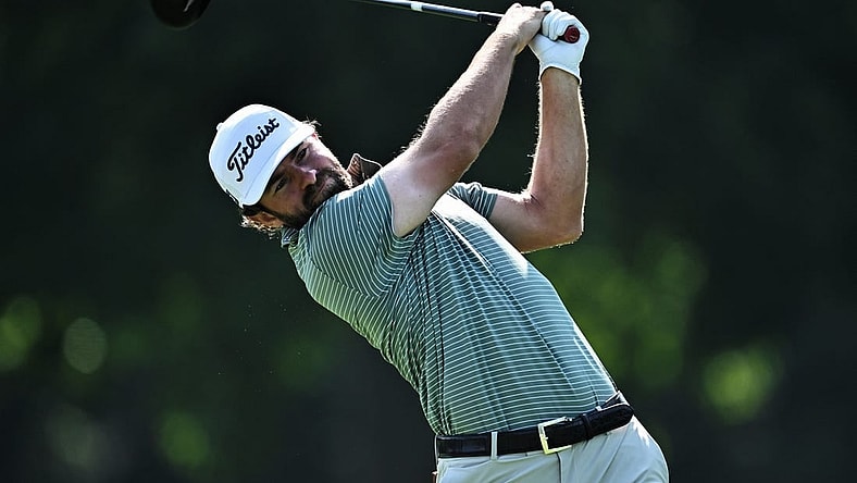 Aug 18, 2023; Olympia Fields, Illinois, USA; Cameron Young tees off from the 7th tee during the second round of the BMW Championship golf tournament. Mandatory Credit: Jamie Sabau-USA TODAY Sports