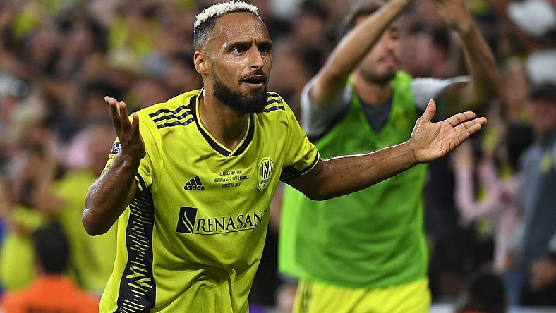 Aug 19, 2023; Nashville, TN, USA; Nashville SC midfielder Hany Mukhtar (10) reacts during the second half for the Leagues Cup Championship match against Inter Miami at GEODIS Park. Mandatory Credit: Christopher Hanewinckel-USA TODAY Sports