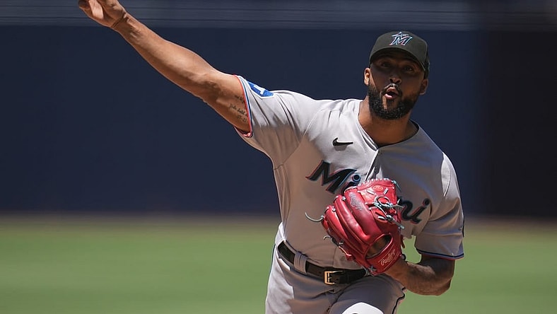 Aug 23, 2023; San Diego, California, USA;  Miami Marlins starting pitcher Sandy Alcantara (22) throws a pitch against to the San Diego Padres during the first inning at Petco Park. Mandatory Credit: Ray Acevedo-USA TODAY Sports