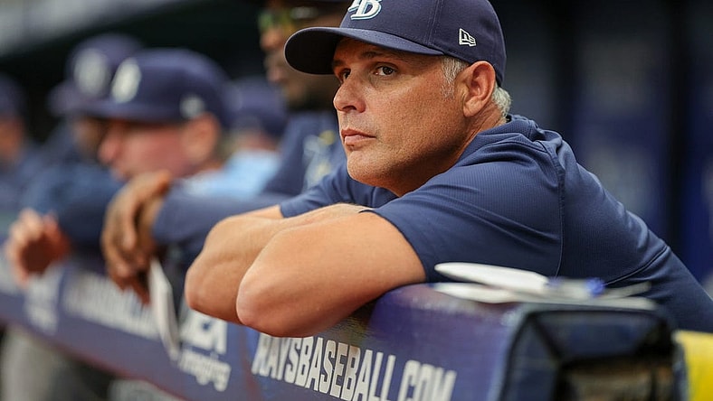Aug 24, 2023; St. Petersburg, Florida, USA;  Tampa Bay Rays manager Kevin Cash (16) looks on from the dugout against the Colorado Rockies in the third inning at Tropicana Field. Mandatory Credit: Nathan Ray Seebeck-USA TODAY Sports