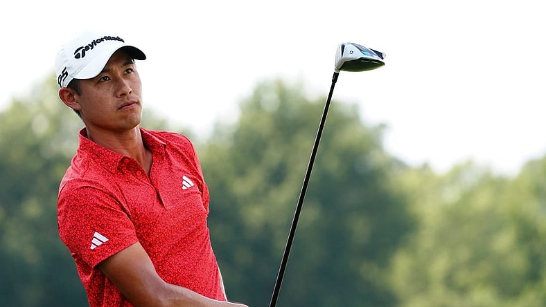 Aug 26, 2023; Atlanta, Georgia, USA; Collin Morikawa follows his shot from the fourth tee during the third round of the TOUR Championship golf tournament at East Lake Golf Club. Mandatory Credit: John David Mercer-USA TODAY Sports